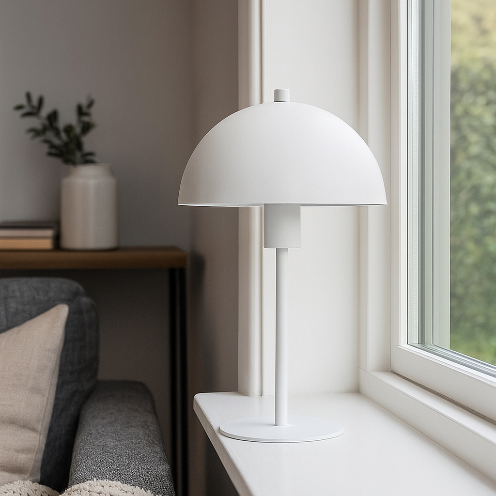 Moderne weiße Pilzlampe für die Fensterbank