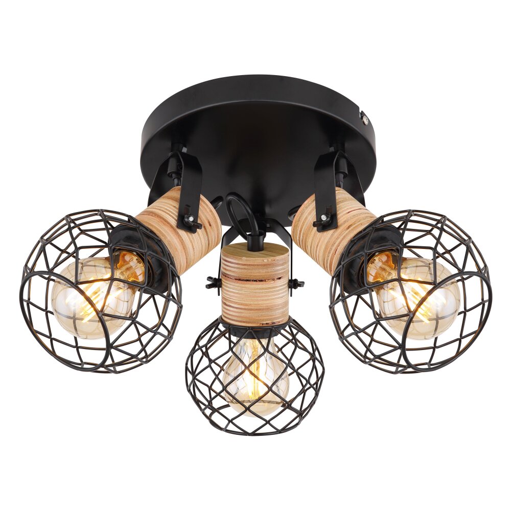 Plafonnier Globo LACKY Bois clair, Noir, 3 lumières main product photo