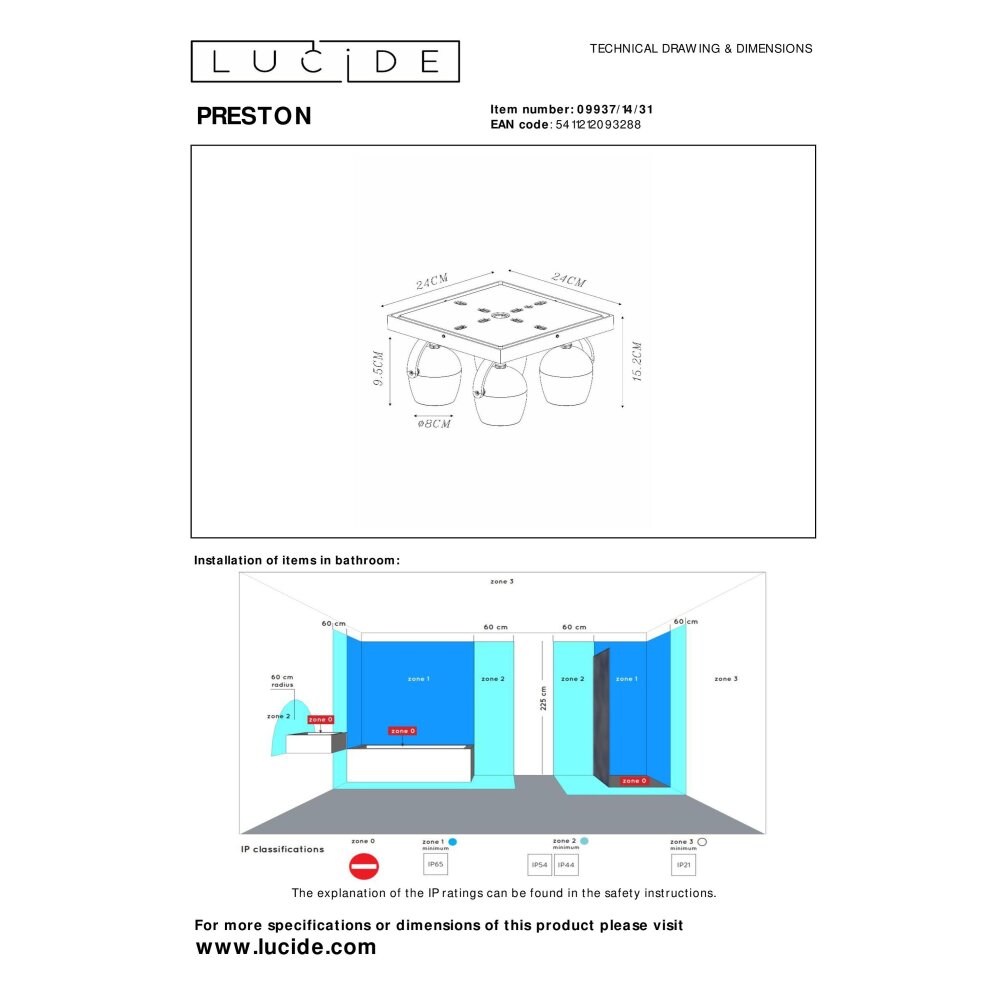 Plafonnier Lucide PRESTON Blanc, 4 lumières