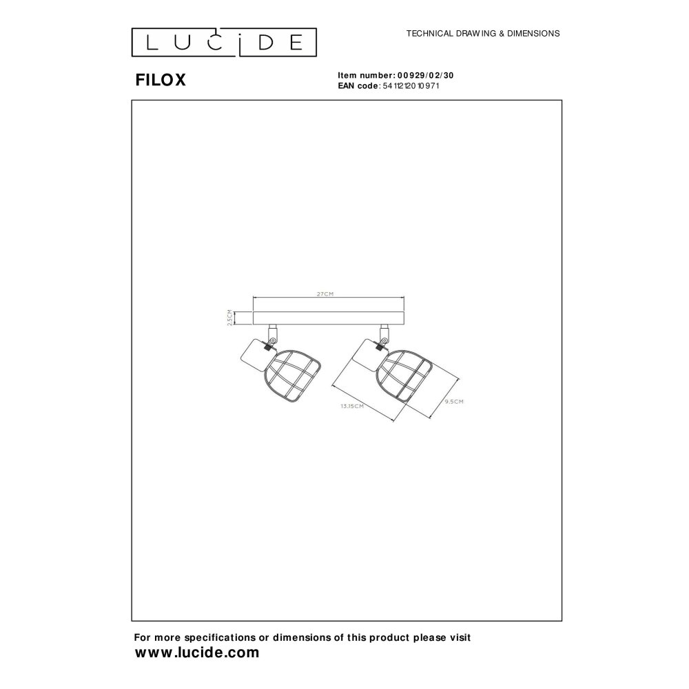 Plafonnier Lucide FILOX Noir, 2 lumières
