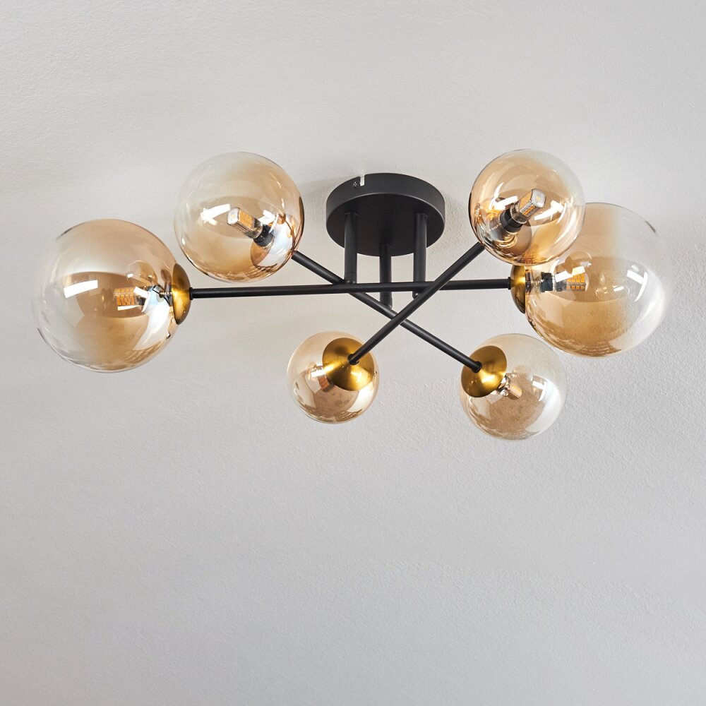 Plafonnier - Verre 10 cm, 12 cm, 15 cm Chehalis Or, Noir, 6 lumières