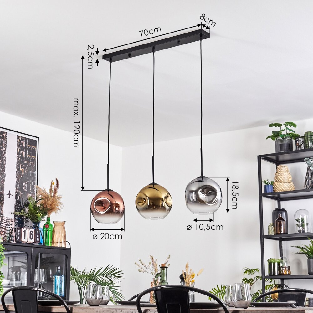 Ripoll Suspension, Boule lumineuse, Suspension Or, Clair, Cuivré, Fumé, 3 lumières