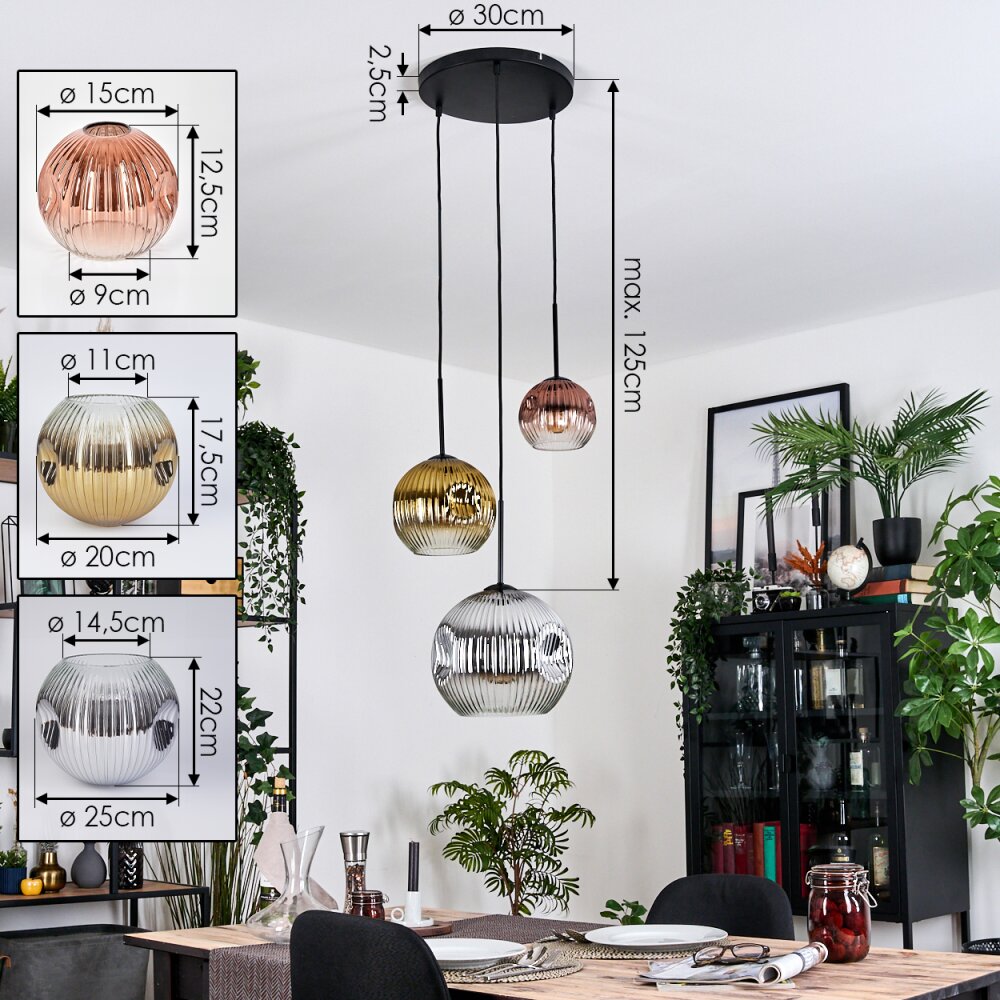 Ripoll Suspension, Boule lumineuse, Suspension, Suspension grappe Chrome, Or, Clair, Cuivré, Fumé, 3 lumières