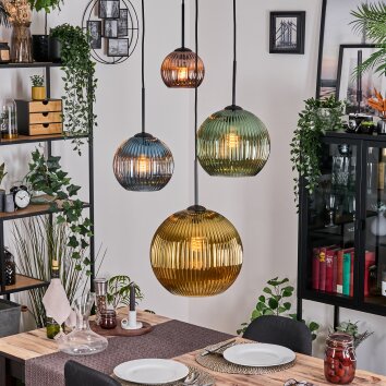 Koyoto Suspension, Boule lumineuse, Suspension Bleu, Or, Vert, Cuivré, 4 lumières