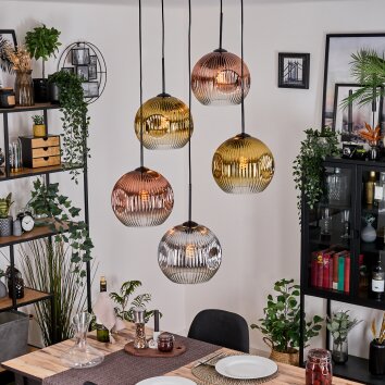 Koyoto Suspension, Boule lumineuse, Suspension grappe Chrome, Or, Clair, Cuivré, Fumé, 5 lumières