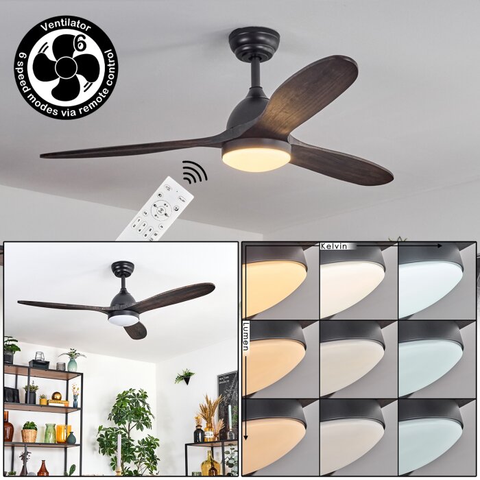 Mosstena Plafonnier, Ventilateur de plafond lumineux LED Bois foncé, Noir, 1 lumière, Télécommandes