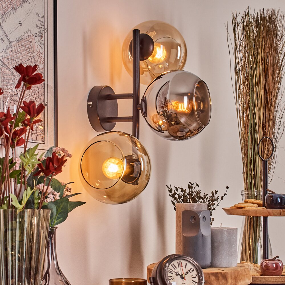Koyoto Boule lumineuse, Applique murale Ambre, Chrome, Fumé, 3 lumières