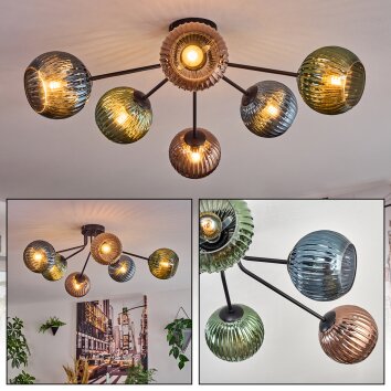 Koyoto Plafonnier, Boule lumineuse 74 cm Bleu, Vert, Cuivré, 6 lumières