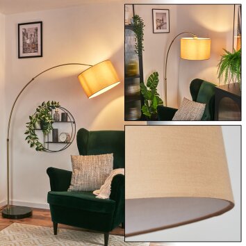 Soungou Lampadaire, Lampadaires arc Laiton, Noir, 1 lumière, Abat-jour en tissu