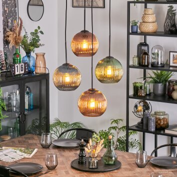 Koyoto Suspension, Boule lumineuse, Suspension grappe Bleu, Vert, Cuivré, 4 lumières