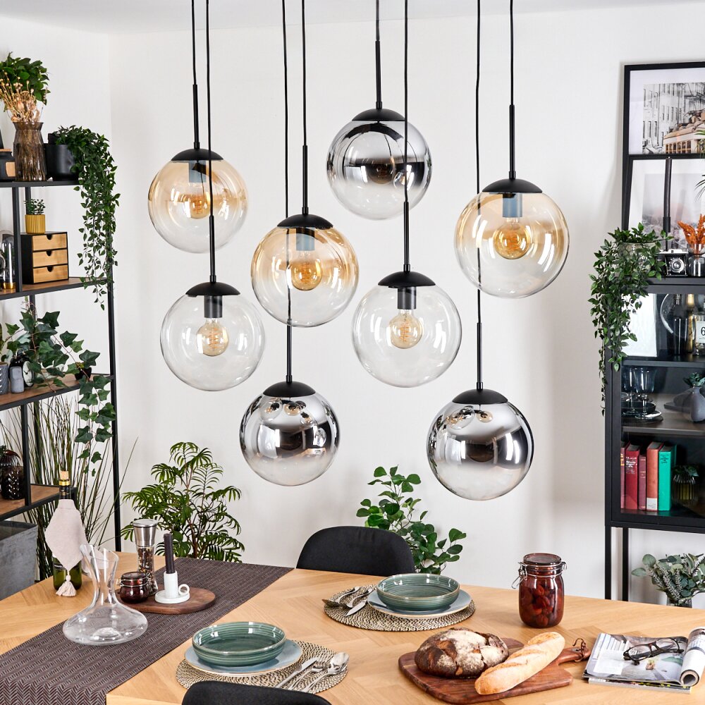 Gastor Suspension, Boule lumineuse, Suspension Ambre, Chrome, Clair, Fumé, 8 lumières