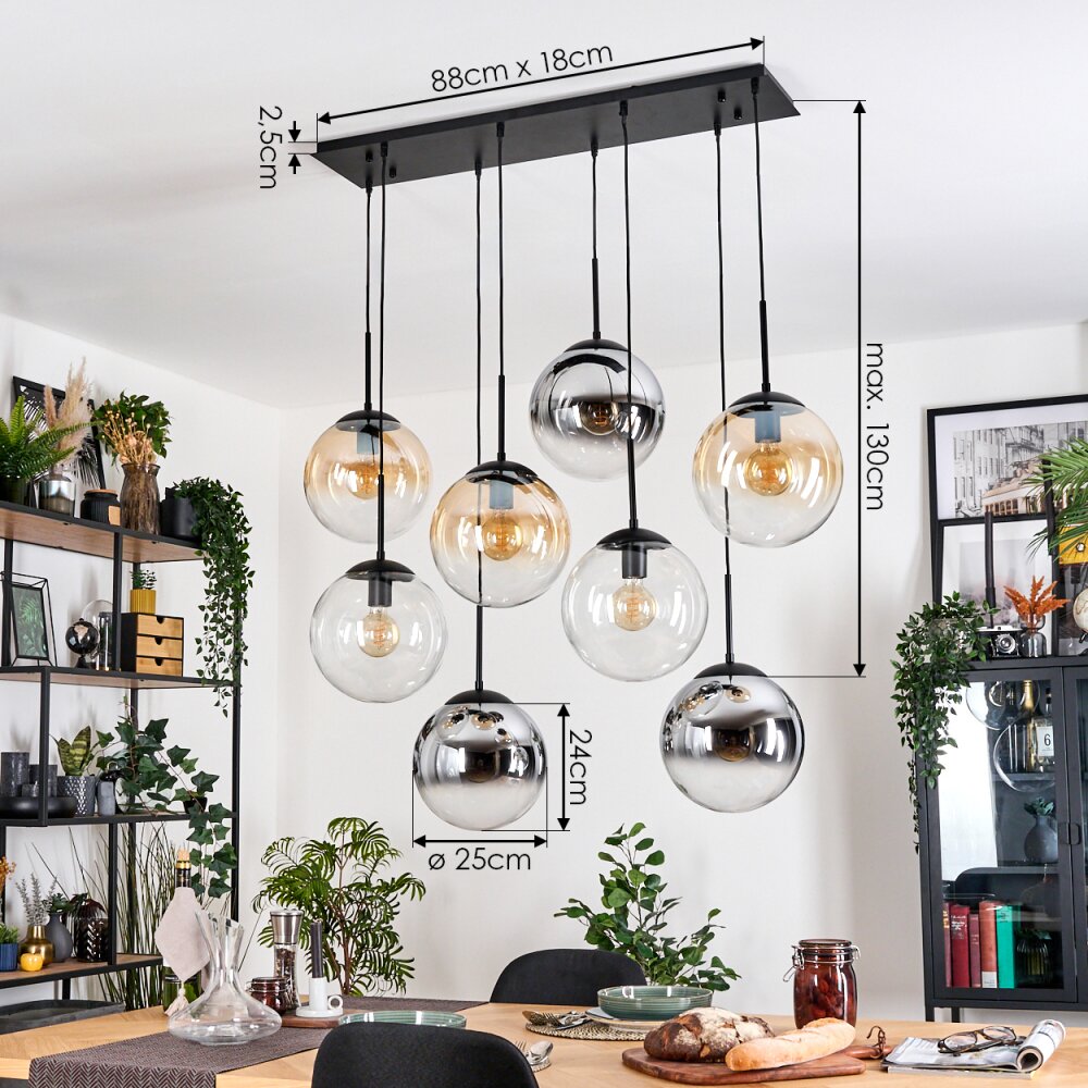 Gastor Suspension, Boule lumineuse, Suspension Ambre, Chrome, Clair, Fumé, 8 lumières