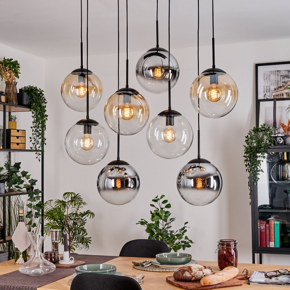 Gastor Suspension, Boule lumineuse, Suspension Ambre, Chrome, Clair, Fumé, 8 lumières