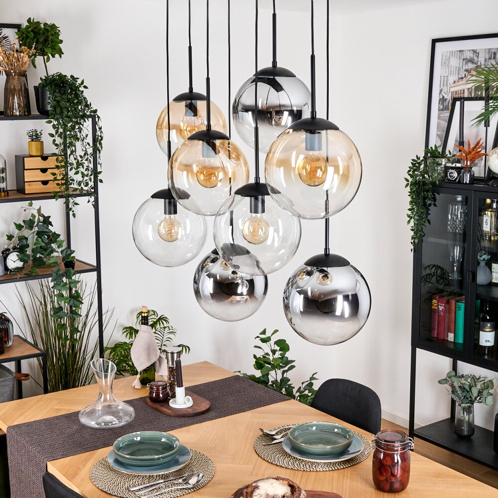 Gastor Suspension, Boule lumineuse, Suspension Ambre, Chrome, Clair, Fumé, 8 lumières