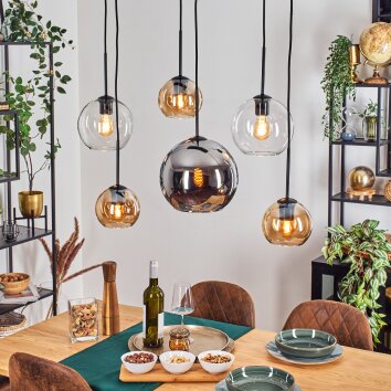 Koyoto Suspension, Boule lumineuse, Suspension Ambre, Chrome, Clair, Fumé, 6 lumières