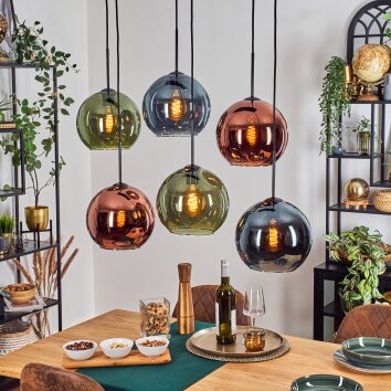 Koyoto Suspension, Boule lumineuse, Suspension Bleu, Vert, Cuivré, 6 lumières