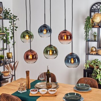 Koyoto Suspension, Boule lumineuse, Suspension Bleu, Vert, Clair, Cuivré, 6 lumières