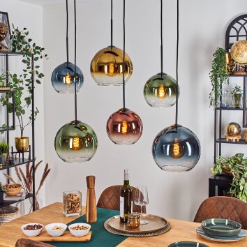 Koyoto Suspension, Boule lumineuse, Suspension Bleu, Or, Vert, Clair, Cuivré, 6 lumières
