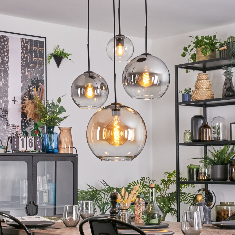 Koyoto Suspension, Boule lumineuse, Suspension grappe Ambre, Chrome, Clair, Fumé, 4 lumières
