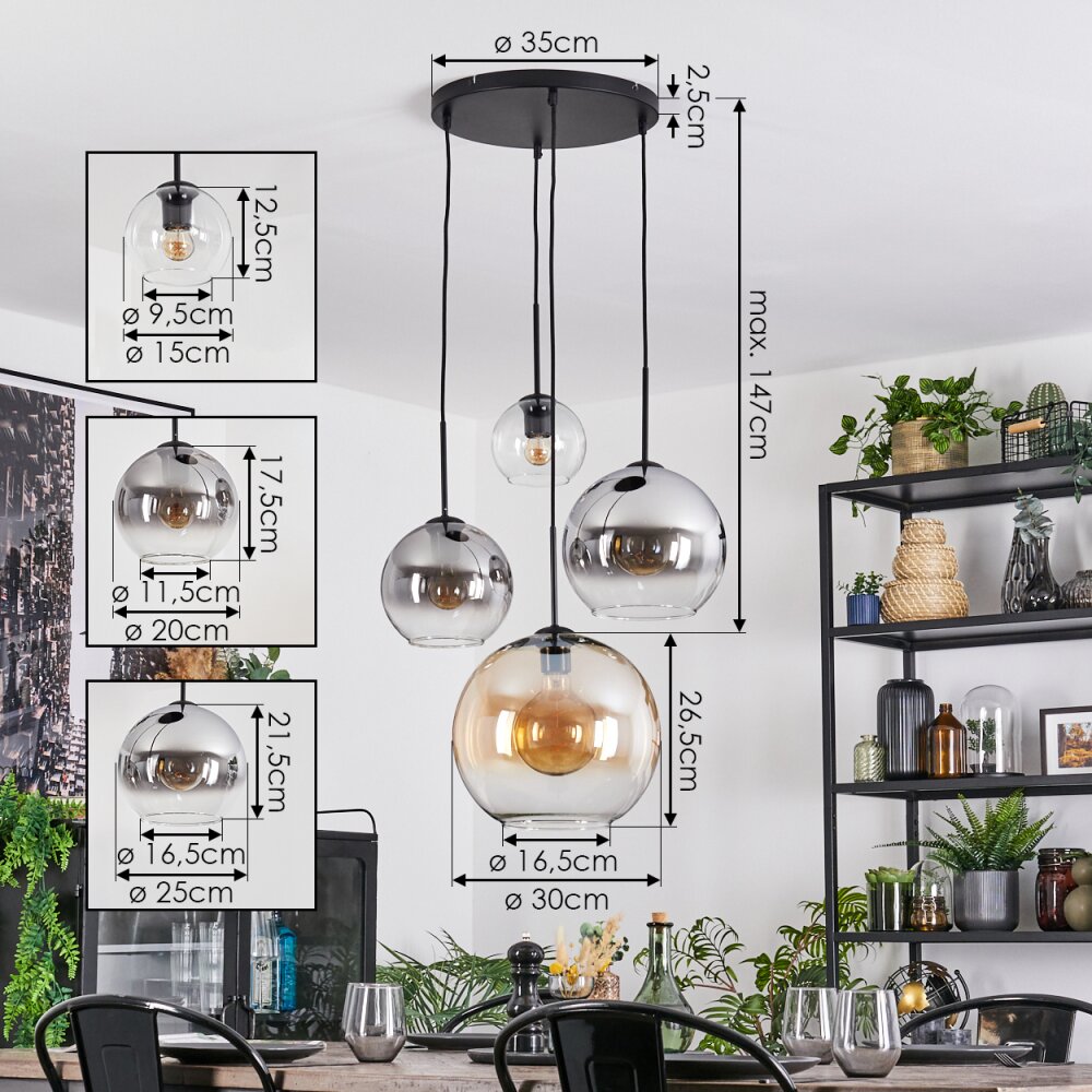 Koyoto Suspension, Boule lumineuse, Suspension grappe Ambre, Chrome, Clair, Fumé, 4 lumières