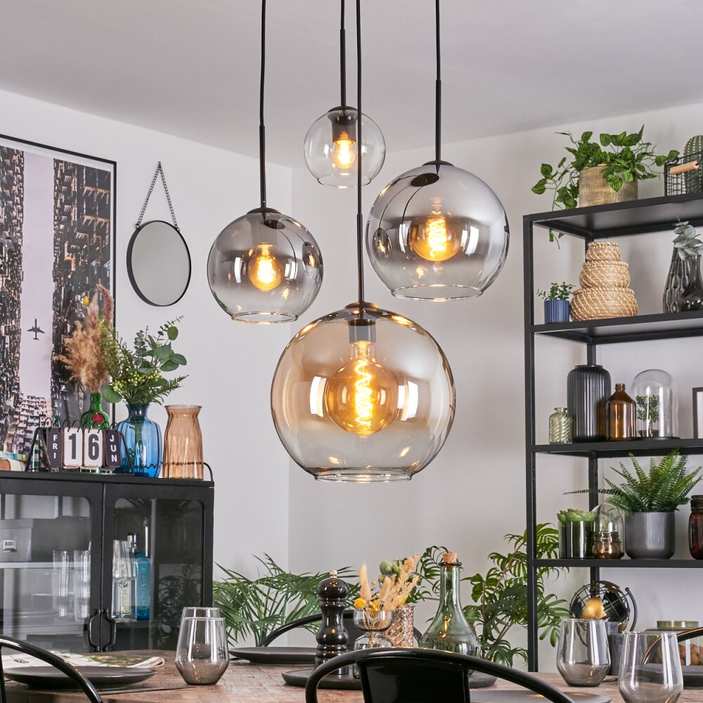 Koyoto Suspension, Boule lumineuse, Suspension grappe Ambre, Chrome, Clair, Fumé, 4 lumières