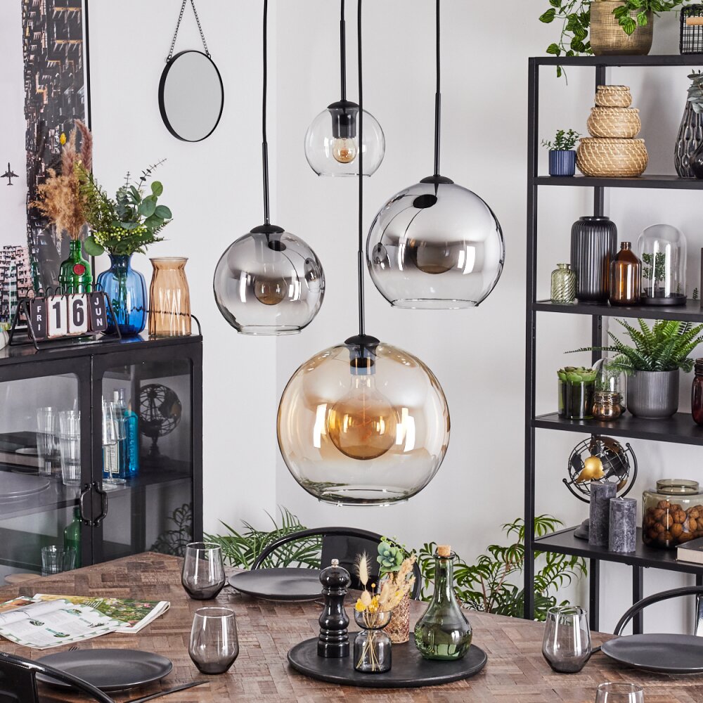 Koyoto Suspension, Boule lumineuse, Suspension grappe Ambre, Chrome, Clair, Fumé, 4 lumières