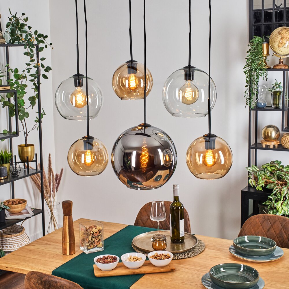 Koyoto Suspension, Boule lumineuse, Suspension Ambre, Chrome, Clair, Fumé, 6 lumières main product photo