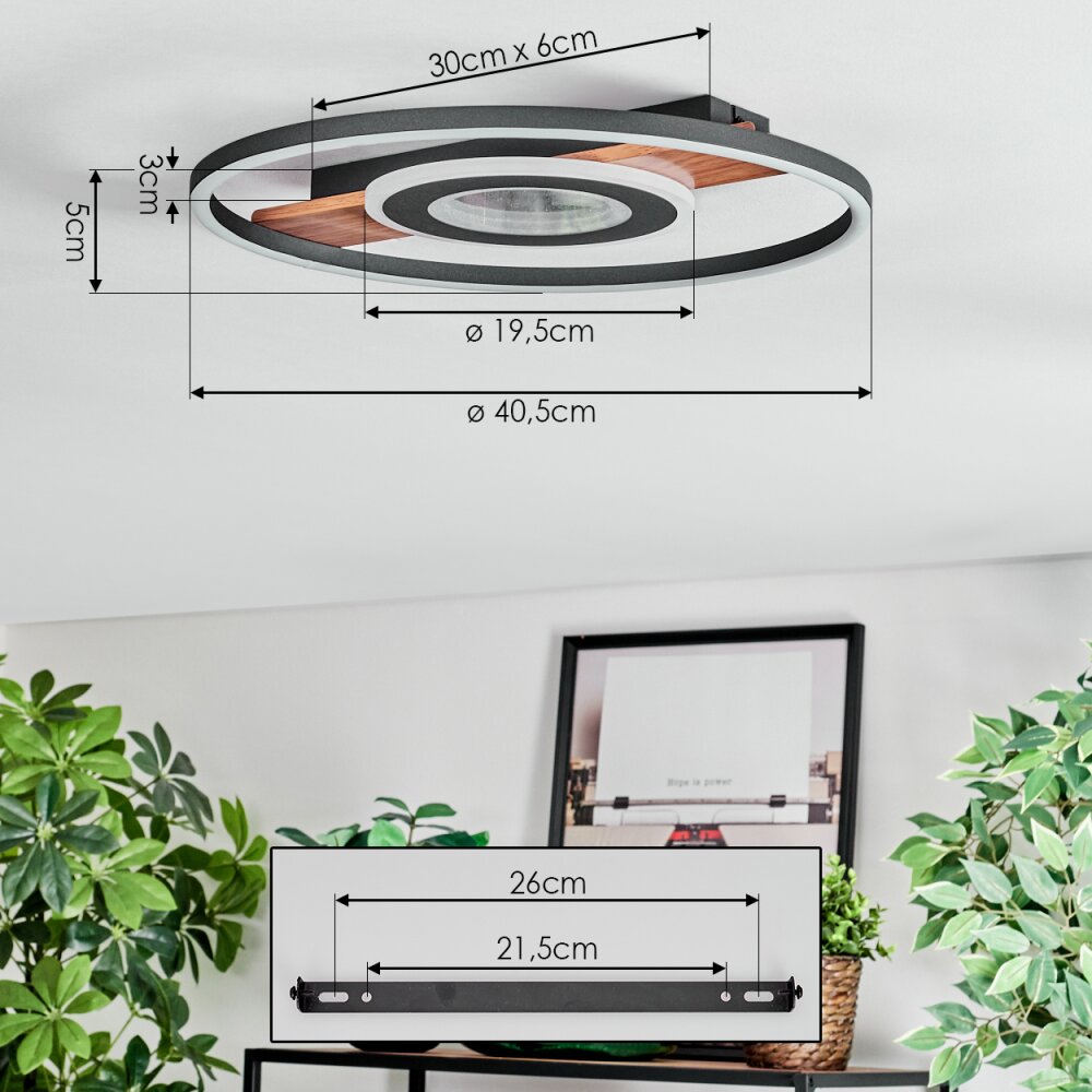 Hadel Plafonnier LED Couleur bois, Noir, 1 lumière