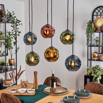 Ripoll Suspension, Boule lumineuse, Suspension Bleu, Or, Vert, Cuivré, 6 lumières