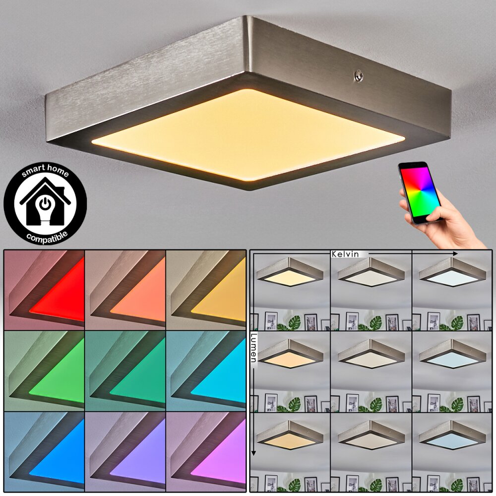 Omaro Plafonnier, Panel LED Nickel mat, 1 lumière, Changeur de couleurs main product photo