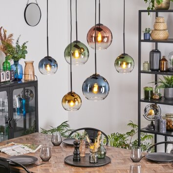 Koyoto Suspension, Boule lumineuse, Suspension Bleu, Or, Vert, Clair, Cuivré, 6 lumières