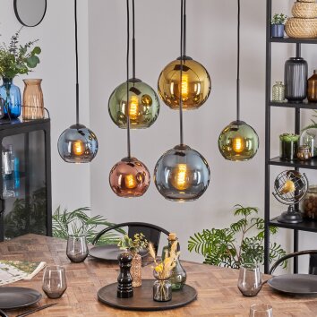 Koyoto Suspension, Boule lumineuse, Suspension Bleu, Or, Vert, Cuivré, 6 lumières