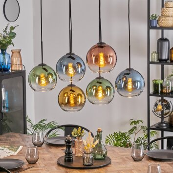 Koyoto Suspension, Boule lumineuse, Suspension Bleu, Or, Vert, Clair, Cuivré, 6 lumières