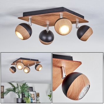 Haldor Plafonnier, Spot de plafond Chrome, Couleur bois, Noir, 4 lumières