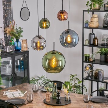 Koyoto Suspension, Boule lumineuse, Suspension Bleu, Chrome, Vert, Cuivré, Fumé, 5 lumières