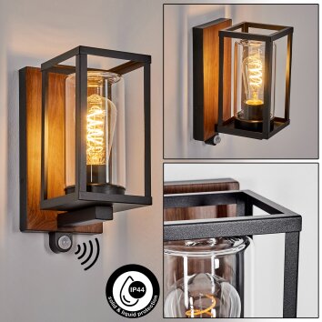 Portalis Lampe murale d´extérieur, Applique murale Couleur bois, Noir, 1 lumière, Détecteur de mouvement