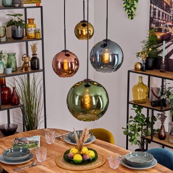Koyoto Suspension, Boule lumineuse, Suspension Bleu, Or, Vert, Cuivré, 4 lumières