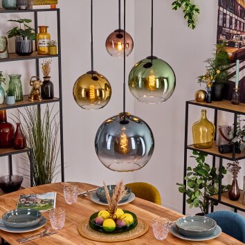 Koyoto Suspension, Boule lumineuse, Suspension Bleu, Or, Vert, Clair, Cuivré, 4 lumières