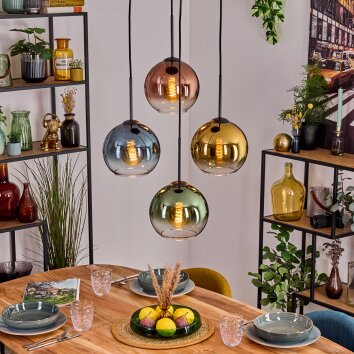 Koyoto Suspension, Boule lumineuse, Suspension Bleu, Or, Vert, Clair, Cuivré, 4 lumières