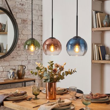 Koyoto Suspension, Boule lumineuse, Suspension Bleu, Vert, Clair, Cuivré, 3 lumières