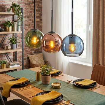 Koyoto Suspension, Boule lumineuse, Suspension Bleu, Vert, Cuivré, 3 lumières