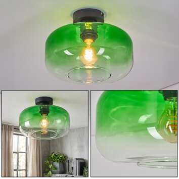 Boza plafonnier rond en verre vert dégradé Ø 28 cm, abat-jour globe rétro