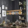 Koyoto suspension barre en bois, 5 lumières, globes en verre coloré, longueur 95 cm