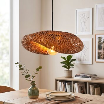 Suspension Bauro, abat-jour bombé en bambou brun pour la table à manger, longueur 50 cm