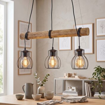Gondo suspension bois avec barre façon tronc, 3 flammes E27, longueur 60 cm