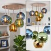 Plafonnier Koyoto moderne avec 5 abat-jour ronds bleus, dorés et verts en verre