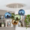 Plafonnier Koyoto moderne avec 5 abat-jour ronds bleus, dorés et verts en verre