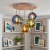Plafonnier Koyoto moderne avec 5 abat-jour ronds bleus, dorés et verts en verre