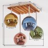 Plafonnier Koyoto, socle carré en bois, 4 abat-jour en verre bleu, or, vert et cuivré