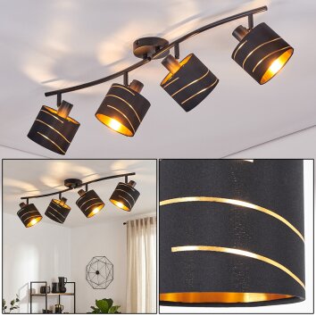 Spot de plafond Alsen moderne, 4 têtes orientables, abat-jour noirs à bandes dorées